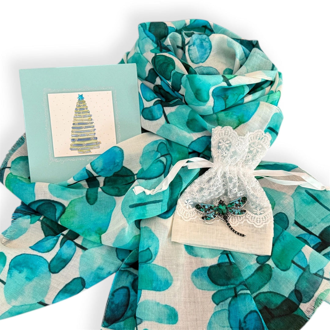 Scarves Australia Gift Packs 🎄Gift Pack  - Turquoise Scarf + Teal Dragonfly Brooch+ Card