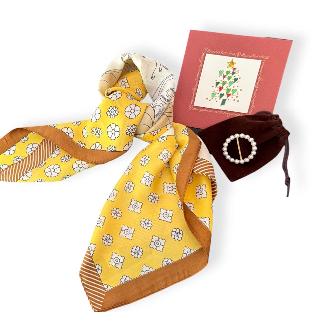 Scarves Australia Gift Packs 🎄Gift Pack - Yellow Square Scarf + Pearl Brooch+Card