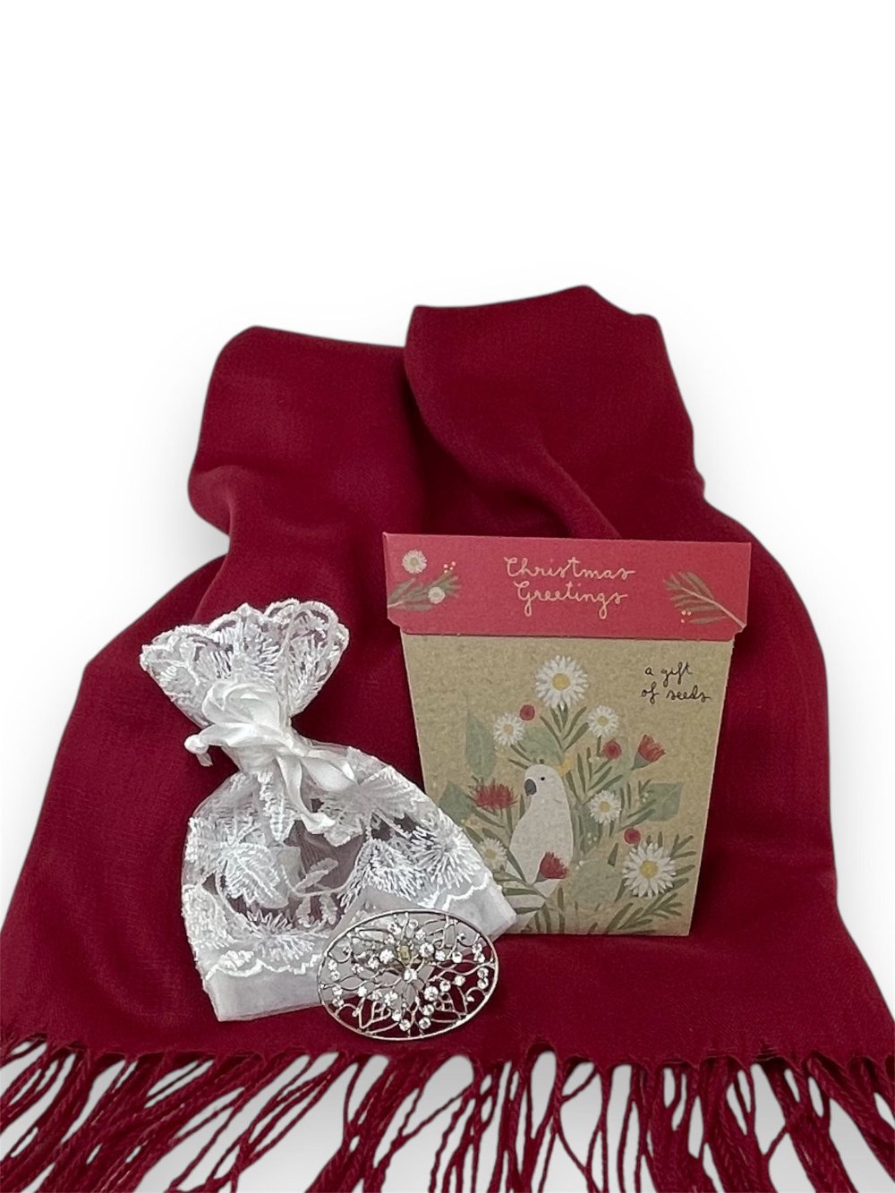 Scarves Australia Gift Packs 🎁 Scarf Gift Pack - Red Shawl = Oval Brooch + Card