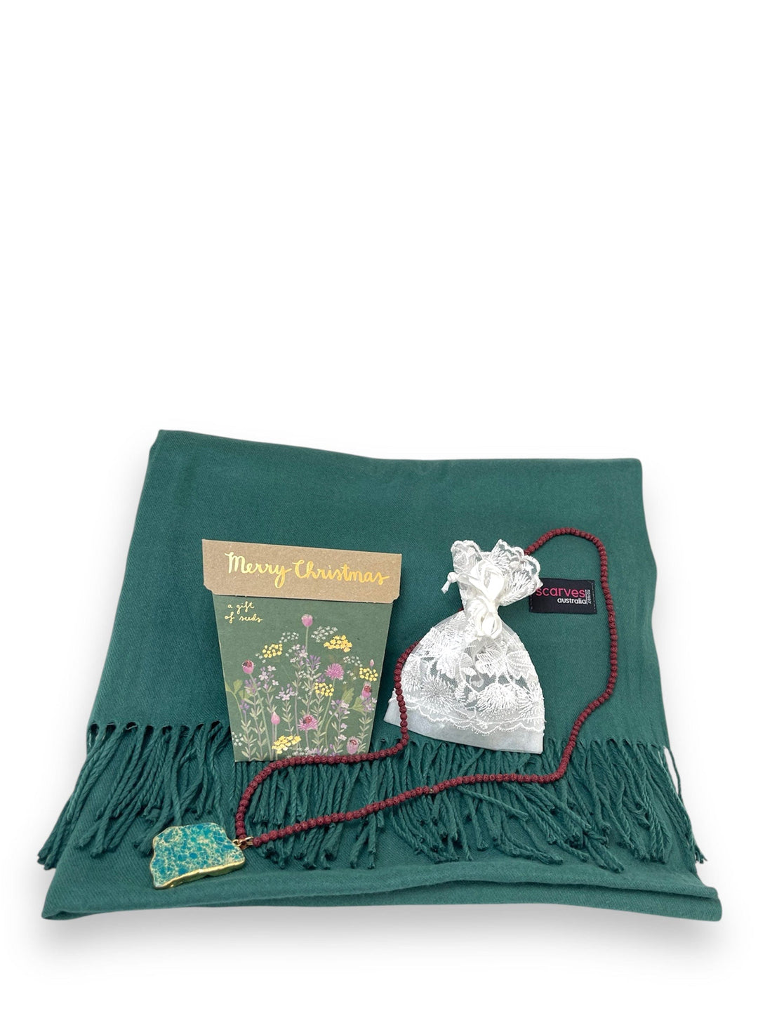 Scarves Australia Gift Set 🎄Gift Pack - Pashmina Shawl Dark Green - +Necklace + Card