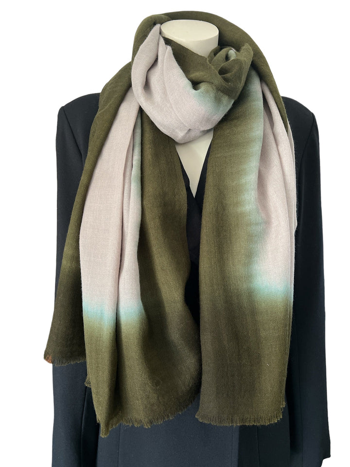 Scarves Australia Luxury Scarf 🫒 Olive Green on Beige -Warm Pure Wool Luxury Scarf