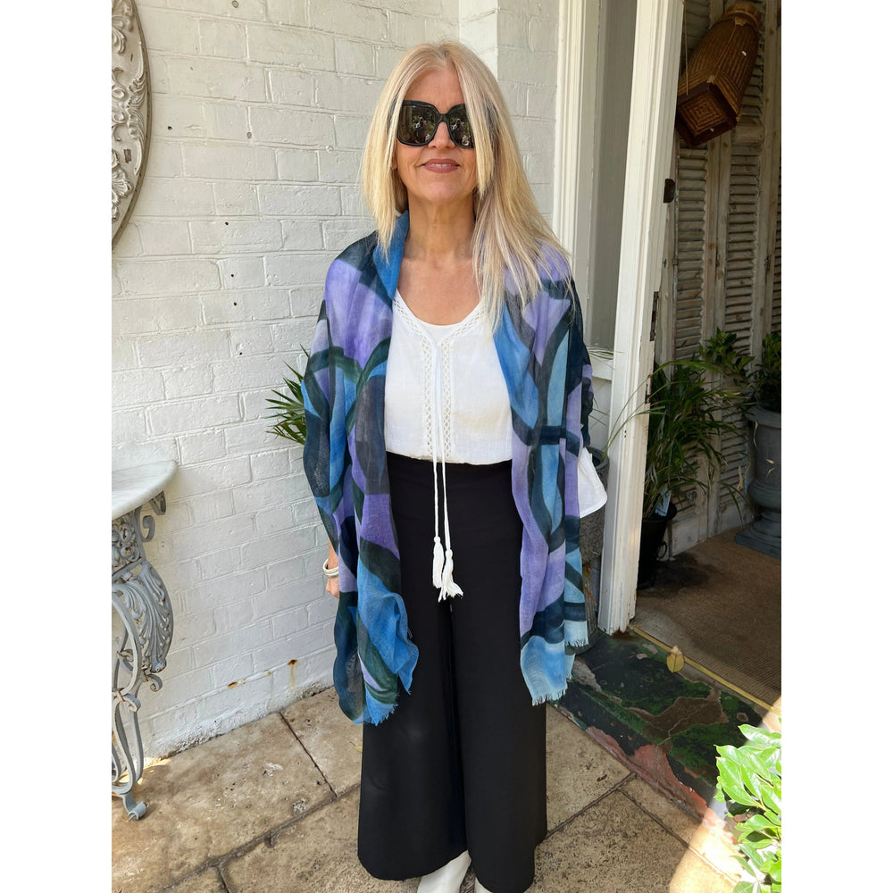 Scarves Australia Luxury Scarves Blue Purple Block Print Scarf - Pure Wool - NEW!