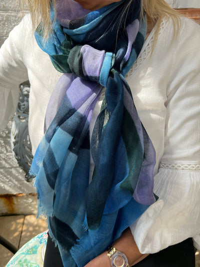 Scarves Australia Luxury Scarves Blue Purple Block Print Scarf - Pure Wool - NEW!