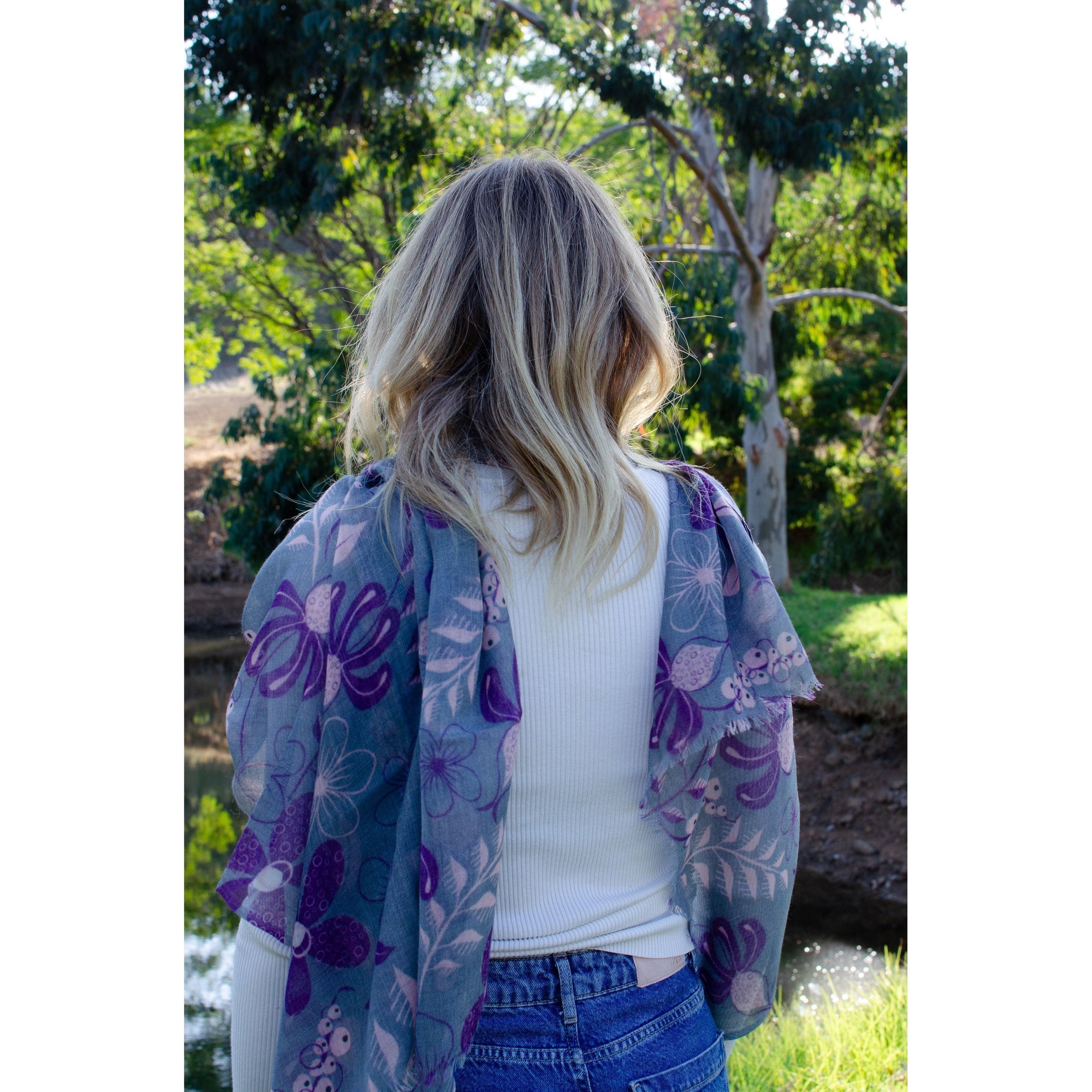 Scarves Australia Luxury Scarves Floral Scarf - Fine Wool Luxury - Grey Purple Pink