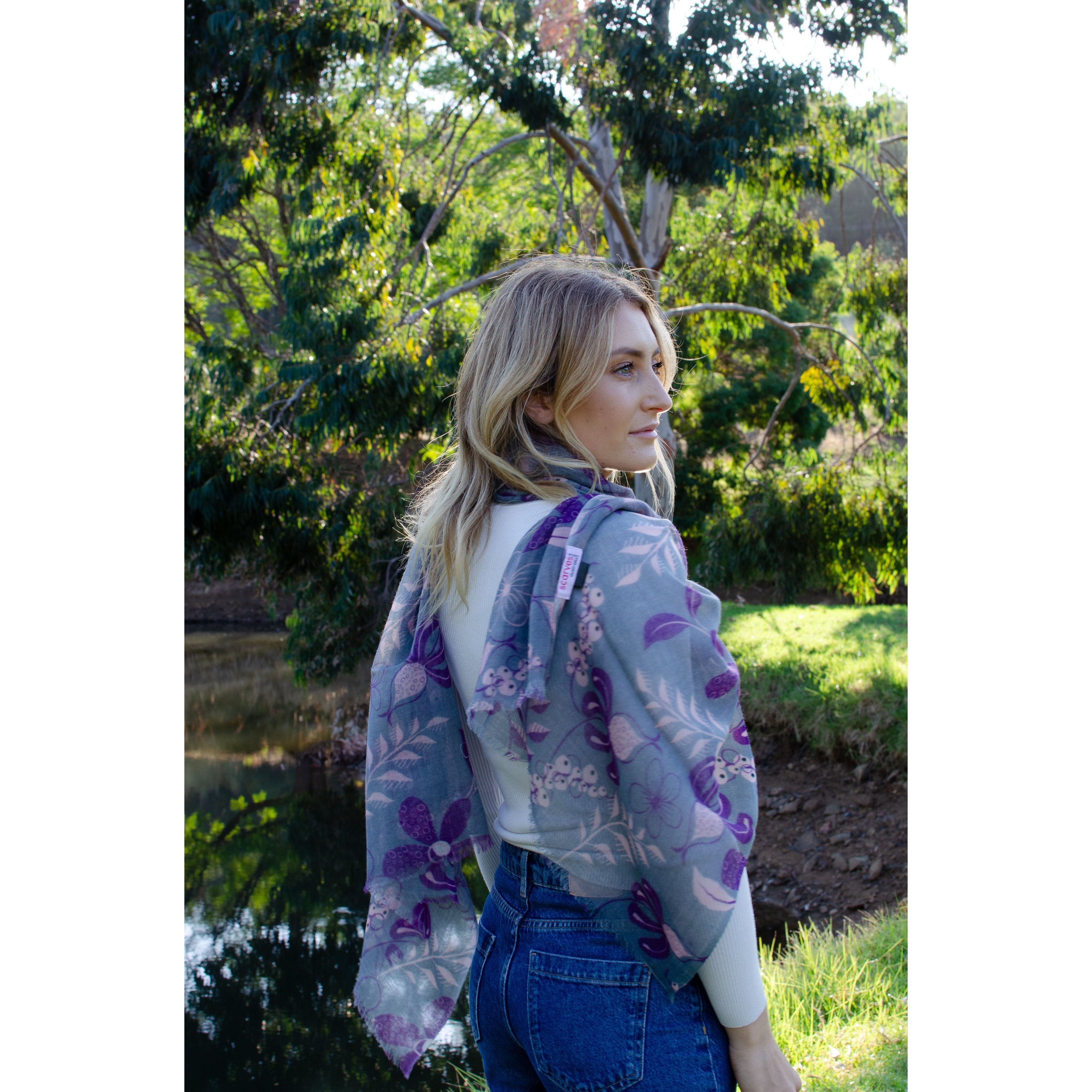 Scarves Australia Luxury Scarves Floral Scarf - Fine Wool Luxury - Grey Purple Pink