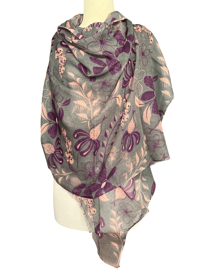 Scarves Australia Luxury Scarves Floral Scarf - Fine Wool Luxury - Grey Purple Pink