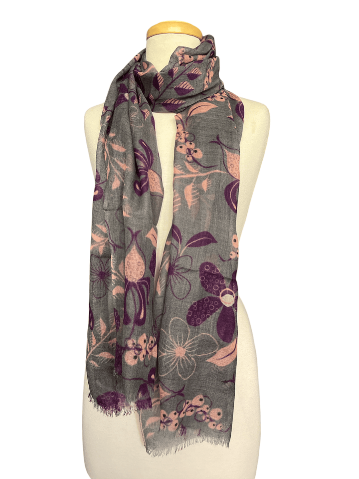 Scarves Australia Luxury Scarves Floral Scarf - Fine Wool Luxury - Grey Purple Pink