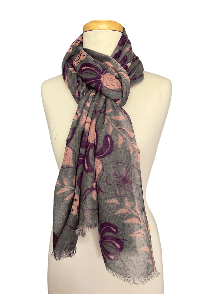 Scarves Australia Luxury Scarves Floral Scarf - Fine Wool Luxury - Grey Purple Pink