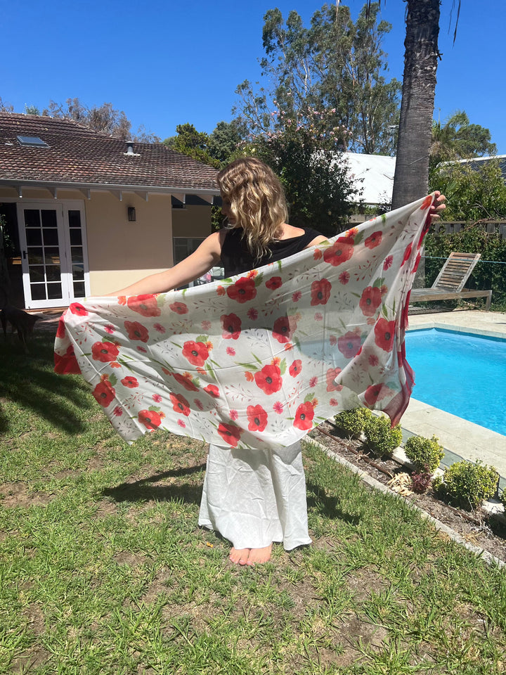 Scarves Australia Luxury Scarves ❤️ Red Poppy Scarf - Floral Scarf- Luxury Silk Modal Scarf