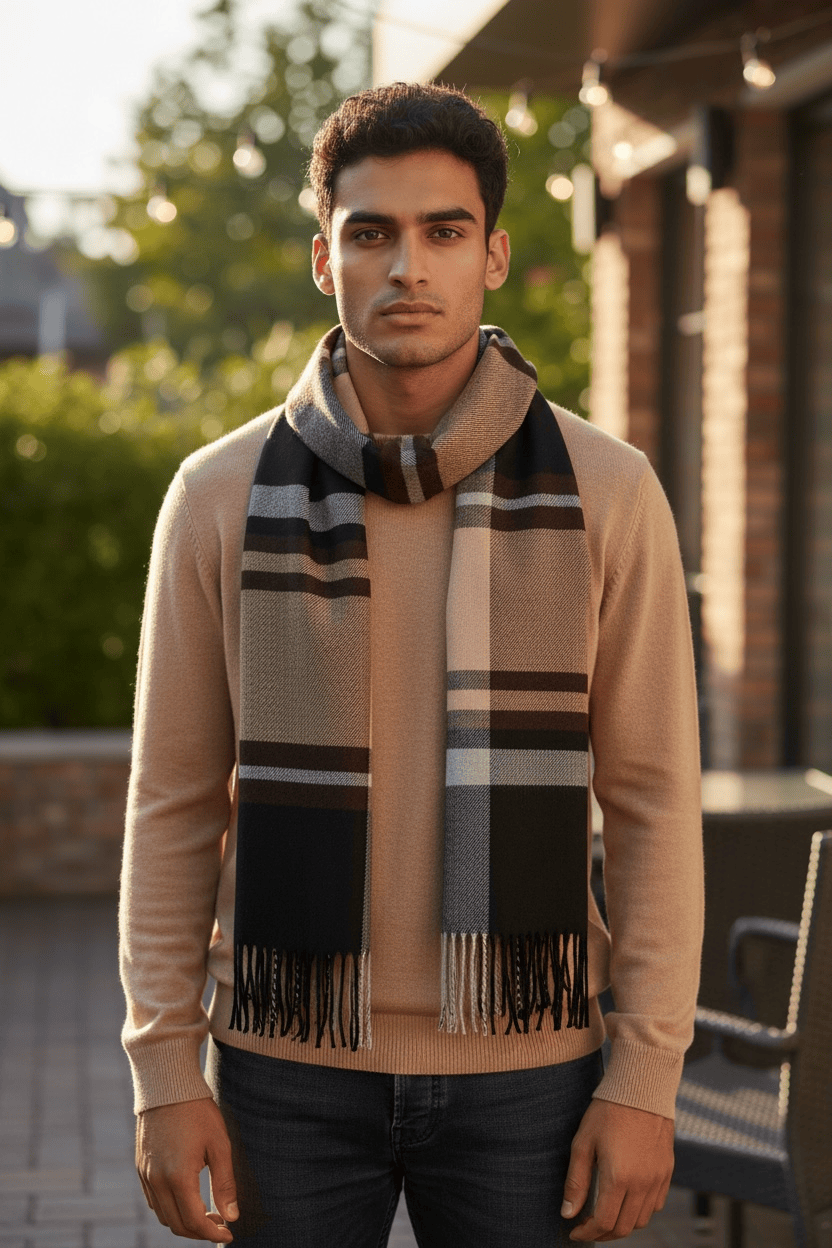 Scarves Australia Mens Scarves Mens Scarf - Plaid Stripe Chocolate Beige