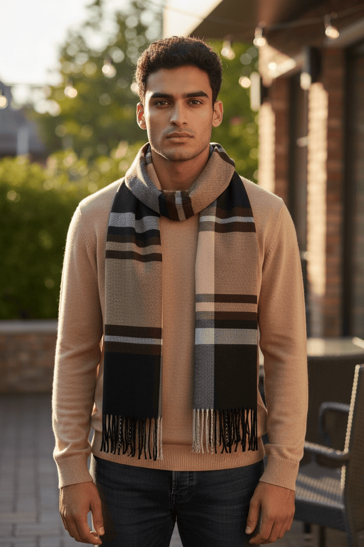 Scarves Australia Mens Scarves Mens Scarf - Plaid Stripe Chocolate Beige