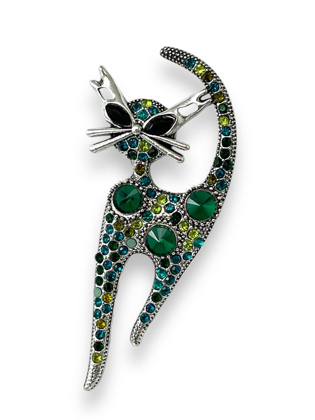 Scarves Australia Scarf Cat Brooch - Green Crystal on Silver