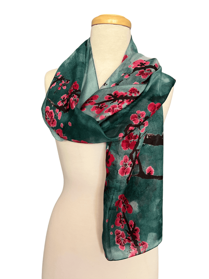 Scarves Australia Silk Scarf Silk Scarf - Cherry Blossom on Teal