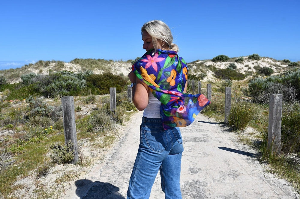 Scarves Australia Silk Scarf Silk Scarf - Indigo Flowers