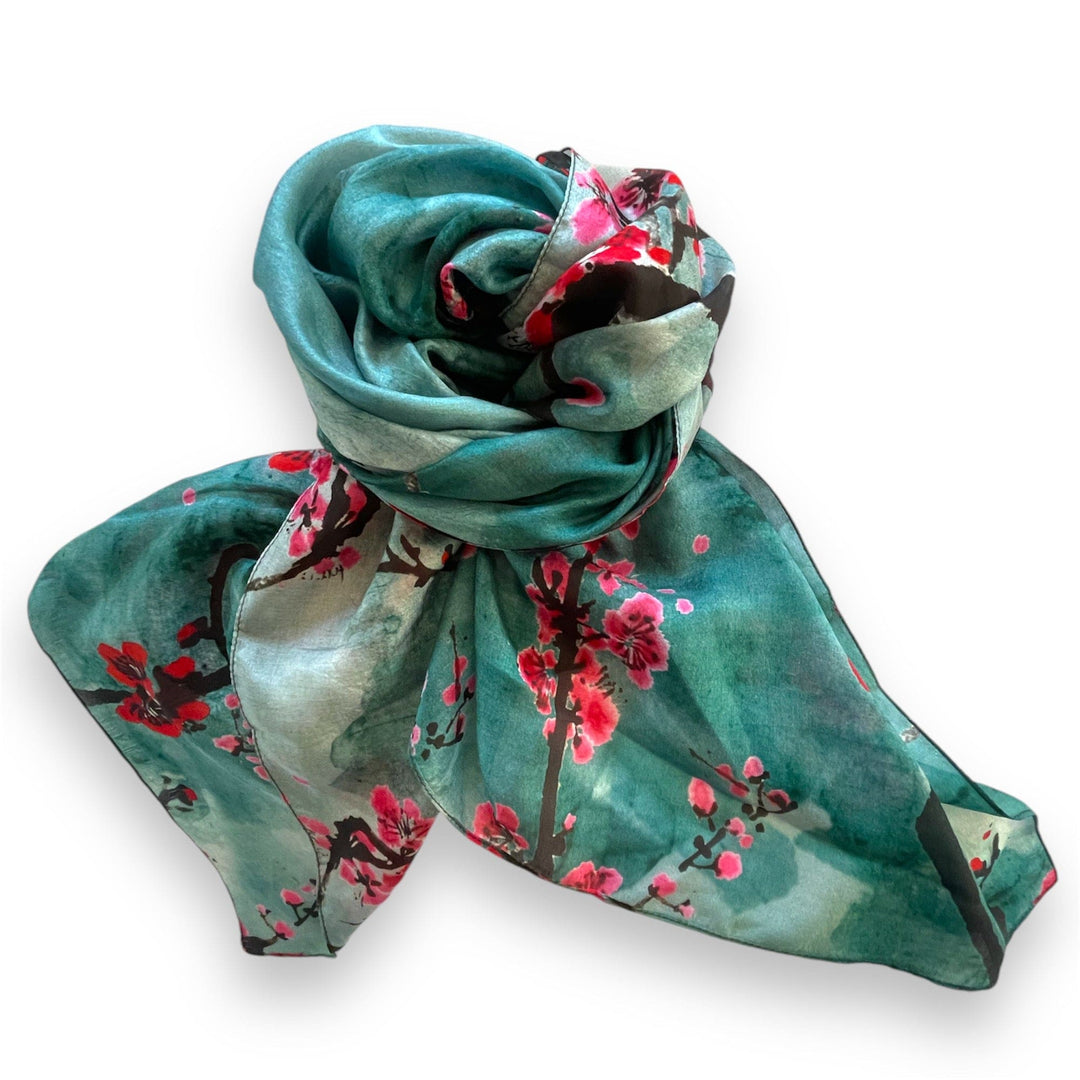 Scarves Australia Silk Scarf Silk Scarf - Teal Cherry Blossom