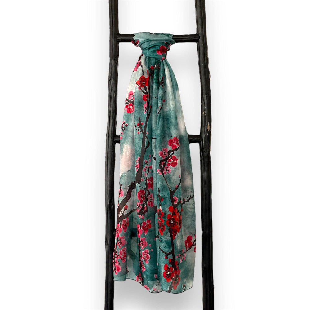Scarves Australia Silk Scarf Silk Scarf - Teal Cherry Blossom