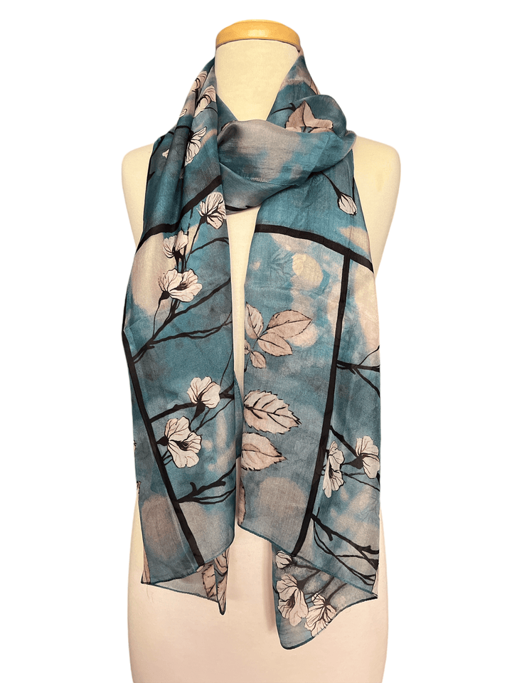 Scarves Australia Silk Scarf Silk Scarf - White Blossom on Light Blue