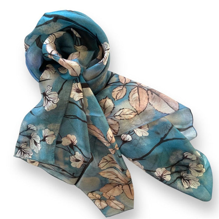 Scarves Australia Silk Scarf Silk Scarf - White Blossom on Light Blue