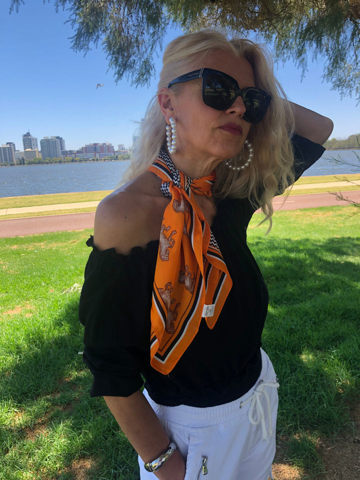Scarves Australia Apparel & Accessories Head Neck Scarf Orange Black White Check and Horses