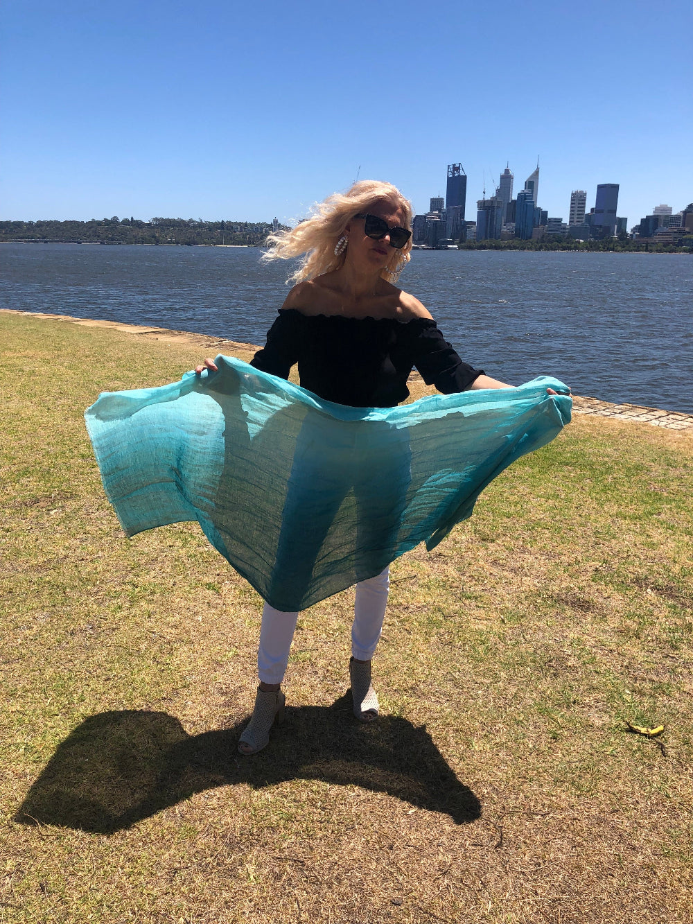 Scarves Australia Apparel & Accessories Teal Green Scarf Ombre - Linen Cotton