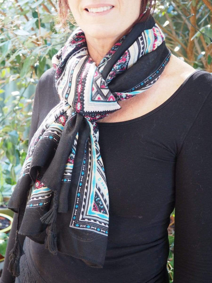 Scarves Australia Fashion Scarves Black Scarf Multicolour Geometric Print Scarf with Tassels