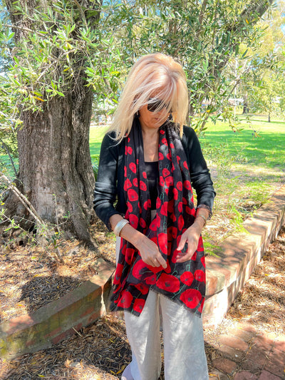 Scarves Australia Fashion Scarves Poppy Scarf - Red on Black - Floral Spray
