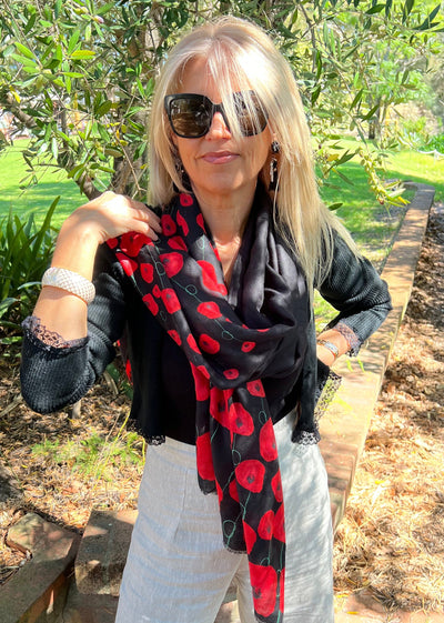 Scarves Australia Fashion Scarves Poppy Scarf - Red on Black - Floral Spray
