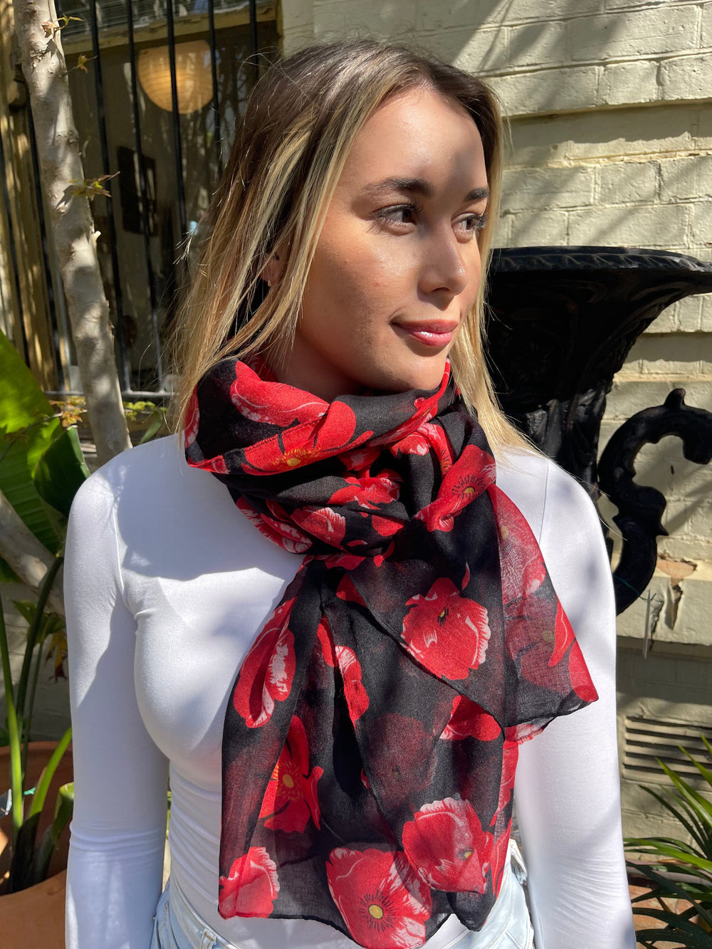 Scarves Australia Floral Scarf - Red Poppy On Black