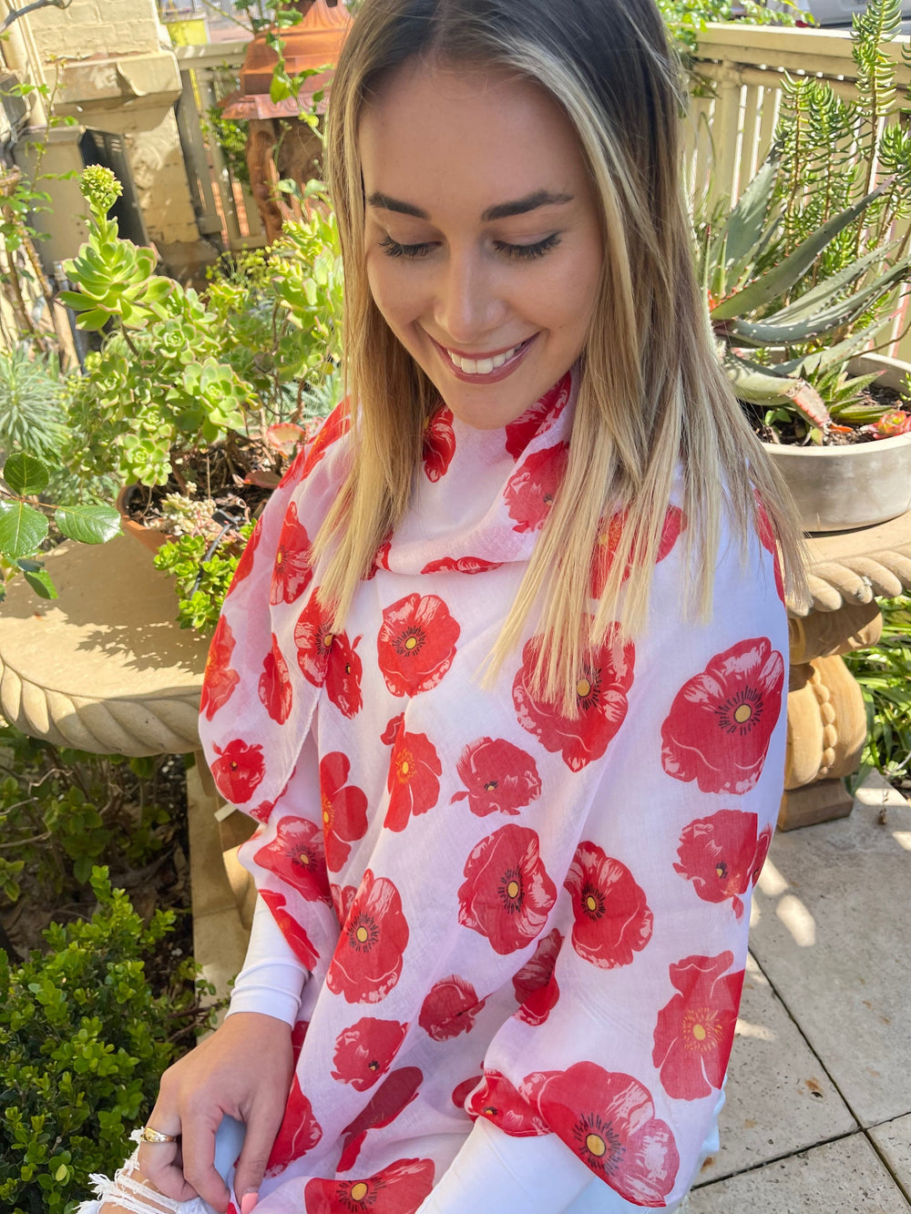 Scarves Australia Scarves & Shawls Floral Scarf - Red Poppy on White